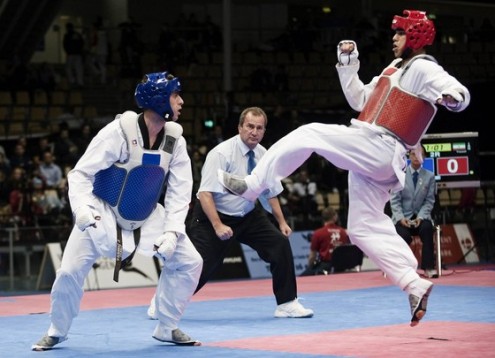 Tanrikulu of Turkey fights Karami of Iran at the WTF Taekwondo 2009 Championships in Copenhagen
